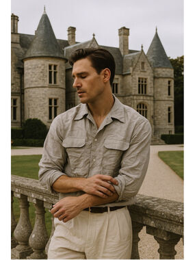 Lot 220L 1940s Linen-Cotton Open Collar Shirt Light Gray Militora XL OLD MONEY